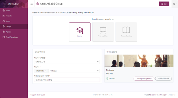 EUM Admin LMS365 group management